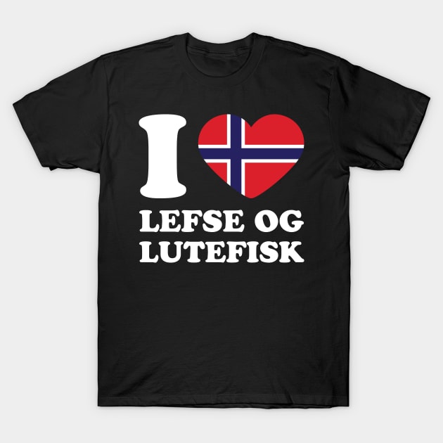I love Lefse and Lutefisk Norwegian Flag Heart T-Shirt by Huhnerdieb Apparel